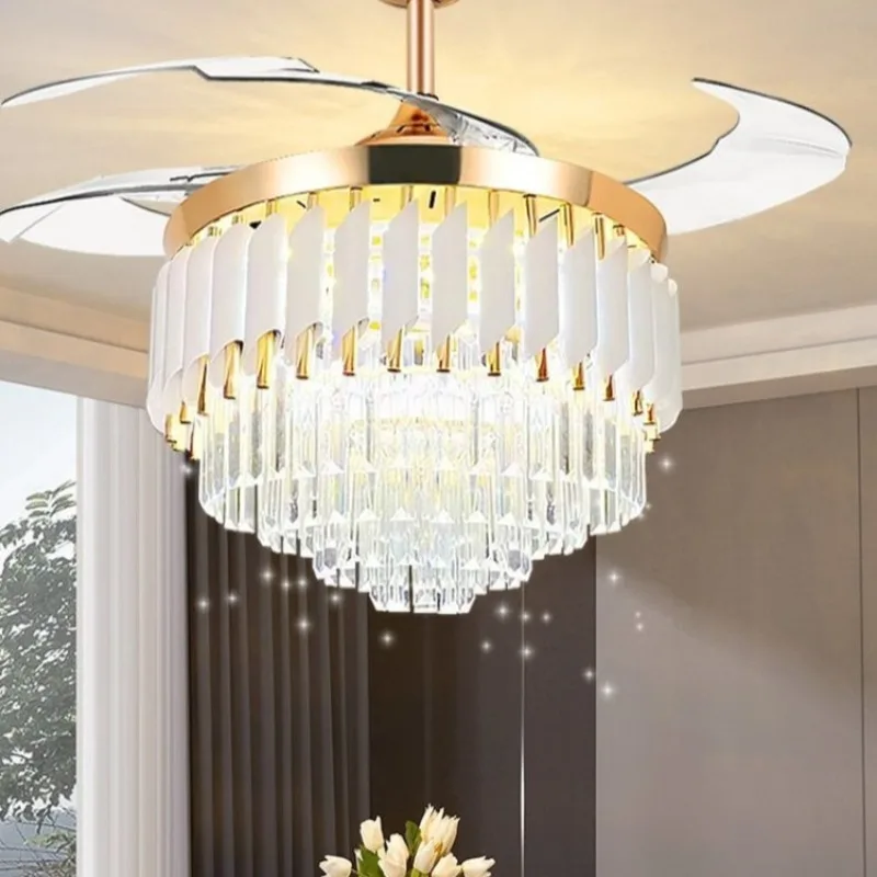 Light Luxury Crystal Ceiling Light American Foyer Restaurant Invisible LED Ceiling Fan Lamps Electric Fan Silent Bedroom Kitchen