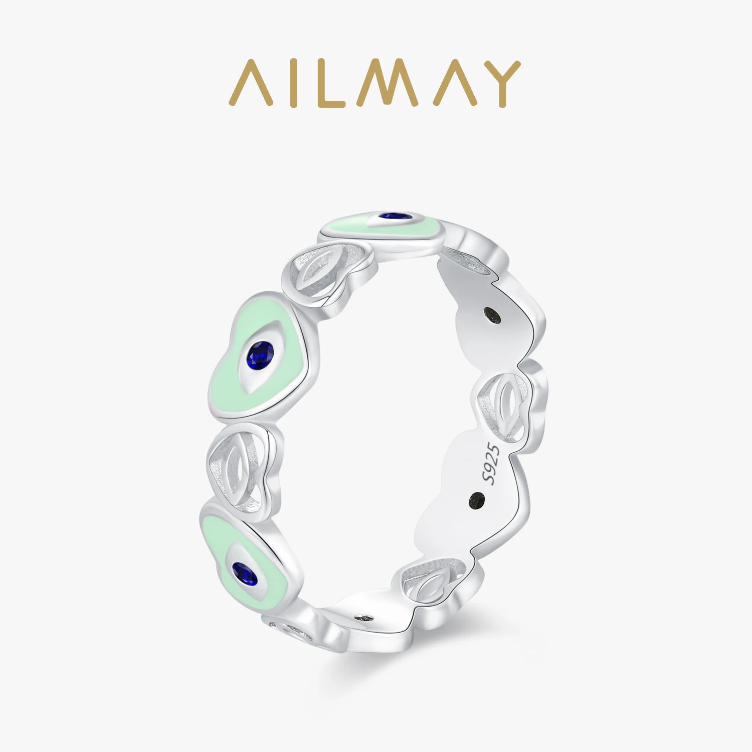 

Ailmay 925 Sterling Silver Vintage Evil Eye Heart Shaped Cutout Rings For Couple Fine Enamel Jewelry Anniversary Gift