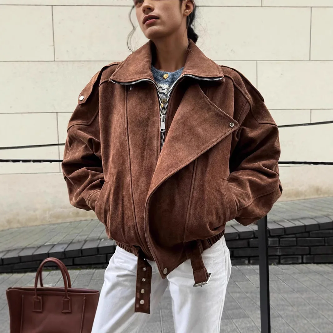 

Women's Retro Maillard Style Faux Suede Jacket Asymmetric Lapel Loose Fit Short Cropped Biker Motorcycle Jacke Padded Shoulders