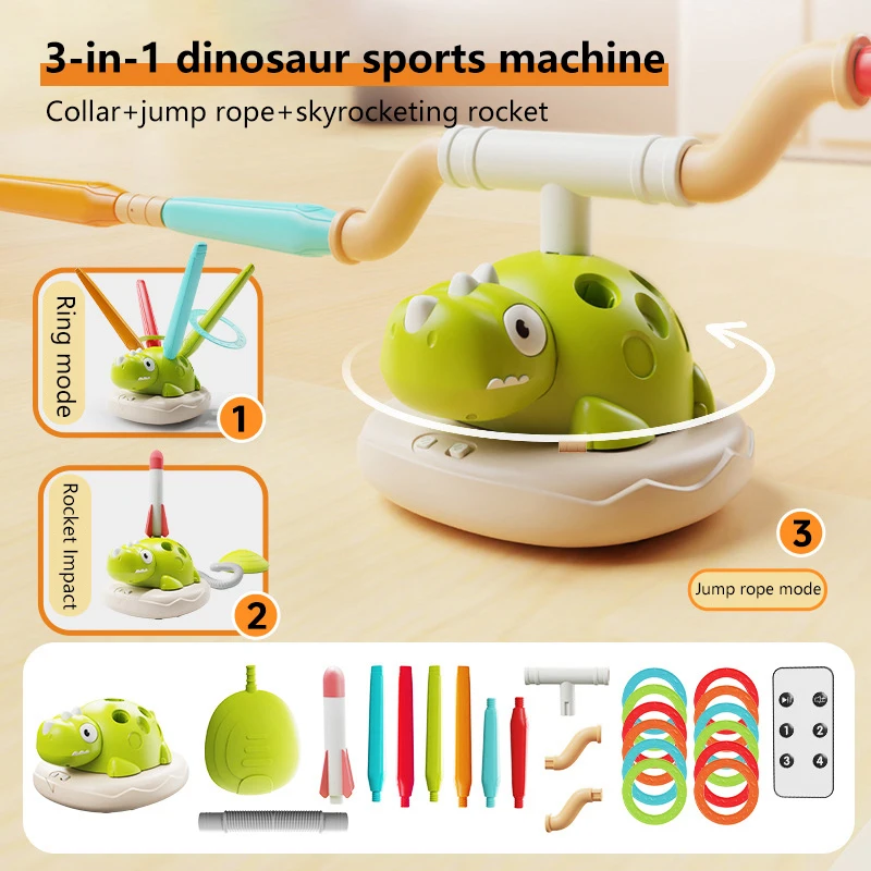 Spinning Dinosaur Toy, 3 In 1 Dinosaur Rocket Launcher, Ring Toss & Musical Jumping Toy For Kids, Dinosaur Sports & Outside Toys