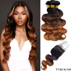 100% Human Hair Weave Bundles with Lace Closure Ombre Vietnames Hair Blond Brown Body Wave 3 Bundles With 4x4 HD Lace Closure