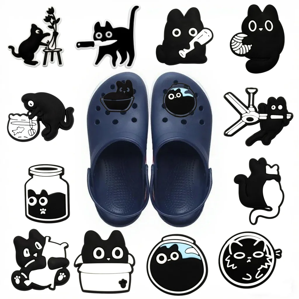 

1-13pcs Animal Black Cat Cartoon Shoe Buckle Charms Funny Cartoon Character for Clogs Accessories Kids Xmas Birthday Gifts Party