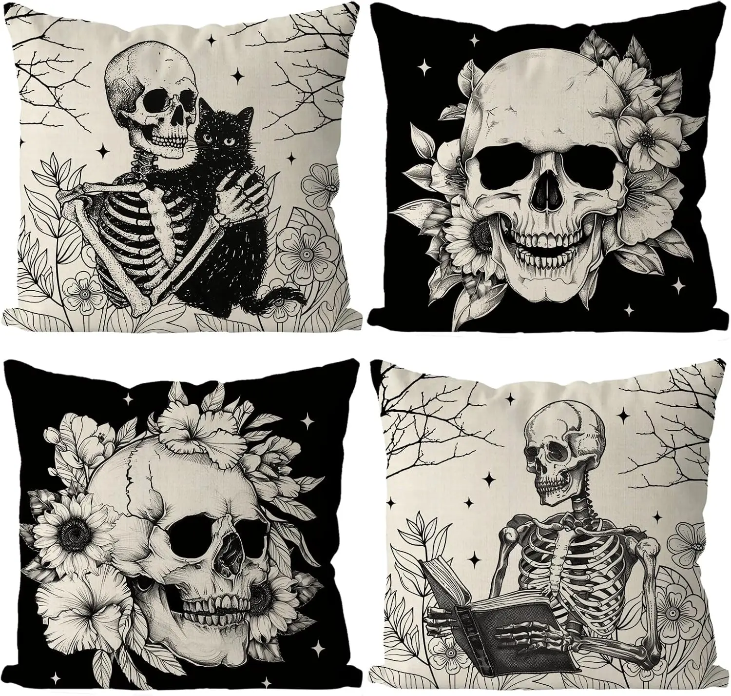 Halloween Pillow Covers 18x18 Inch Set of 4 Skeleton Floral Throw Pillow Covers Holiday Farmhouse Pillowcase Couch Cushion