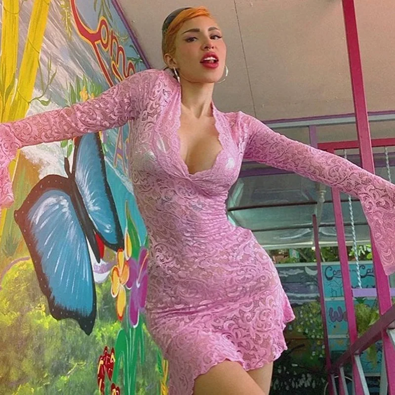 ملابس نسائية أوروبية وأمريكية بقصة ضيقة بلون سادة وياقة مجوفة وأكمام واسعة فستان قصير #1