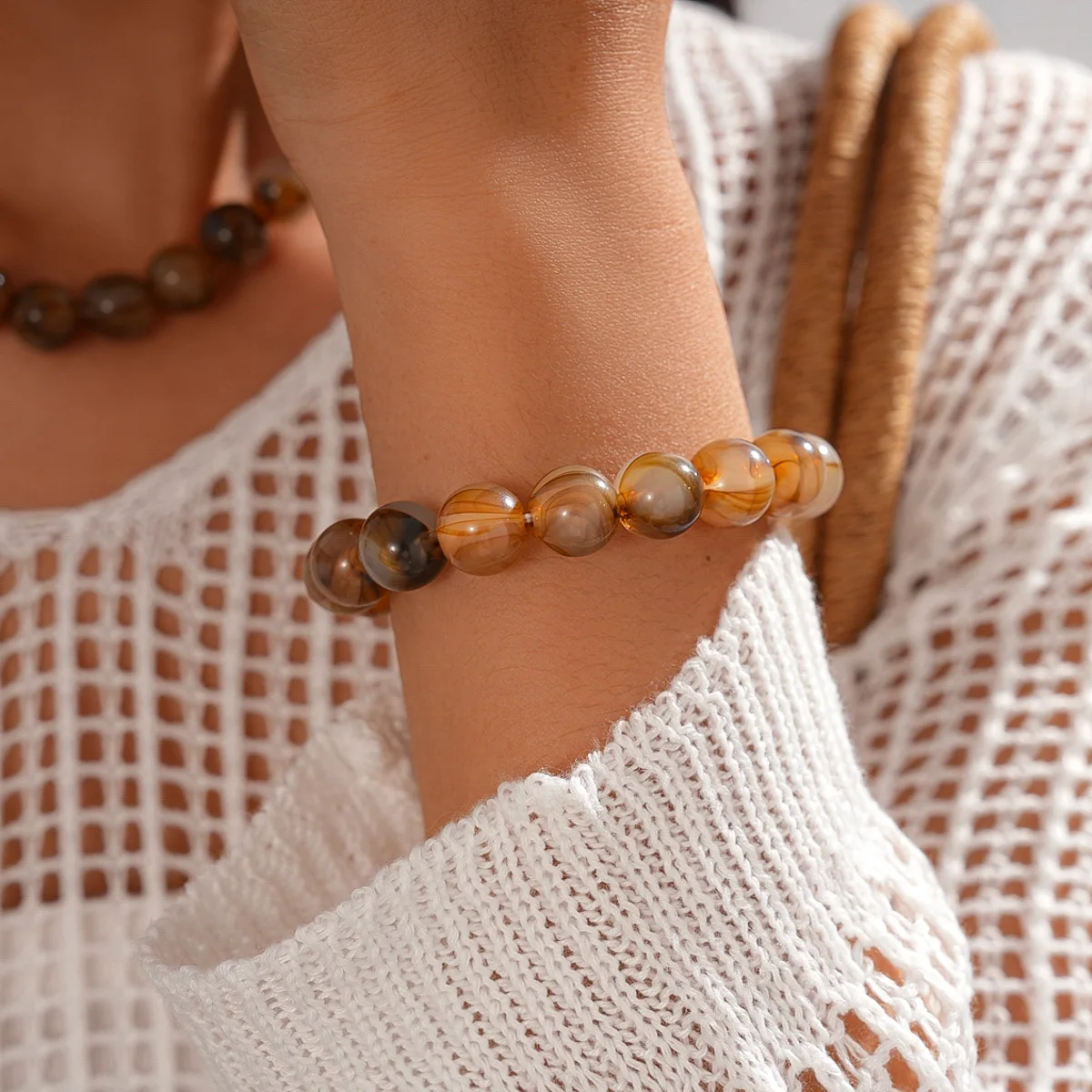 Women's Retro Elastic Round Bead Chokers & Bracelets Set