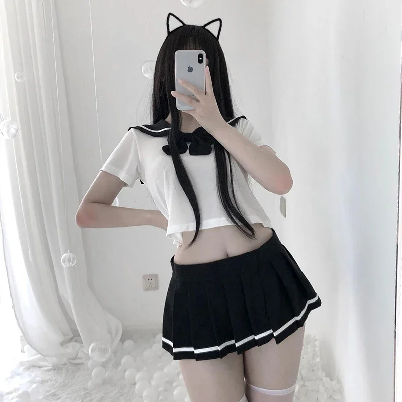 School Girl Cosplay Student Uniform Women Sexy Lingerie Adult Role Play Nightgown 2 Piece Pajamas Set Short Top Skirt Sets