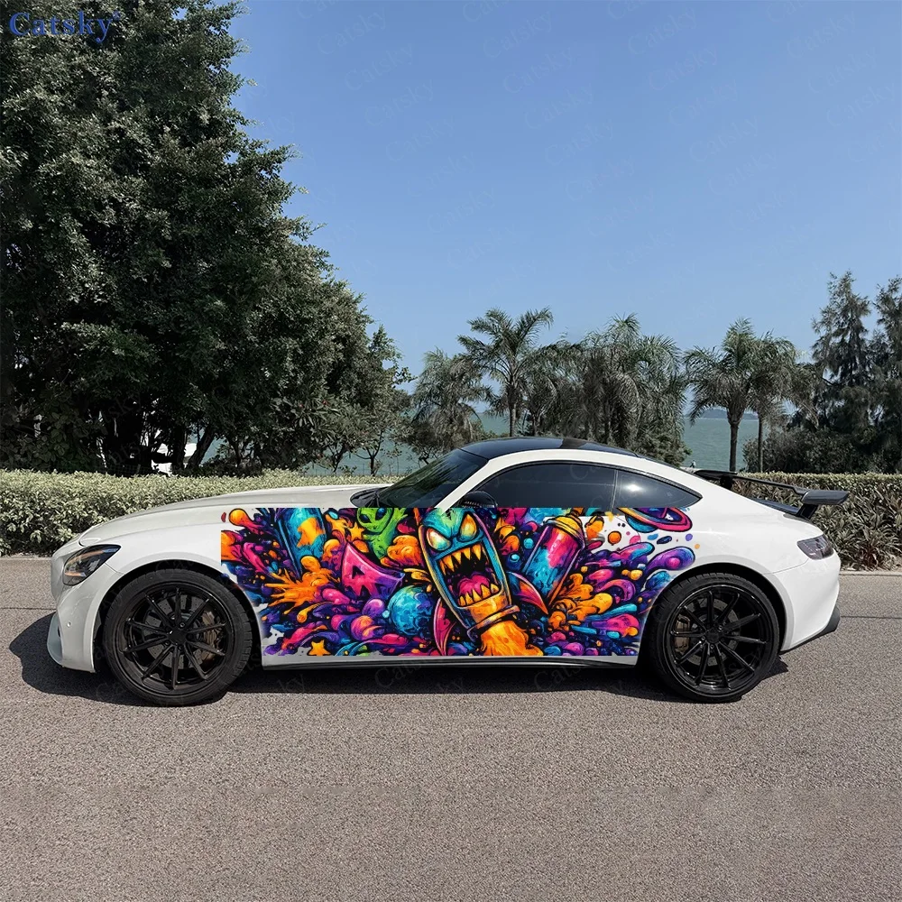 2Pcs Orange Blue Abstract Paint Streaks Car Side Stickers, Automotive Door Side Graphics for Cars, Car Decoration Accessory