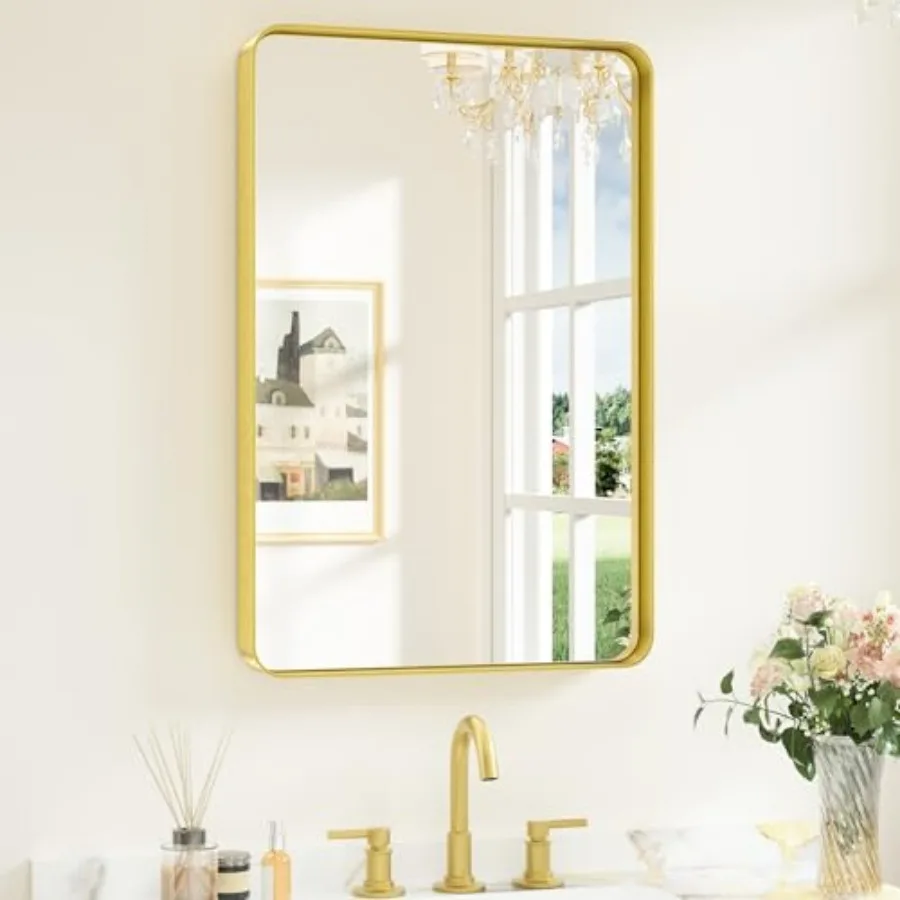 

Gold Bathroom Mirrors for Wall 20 x 30 Inch Rounded Rectangle Gold Vanity Mirror, Brushed Brass Mirror with Metal Frame, HD Tem