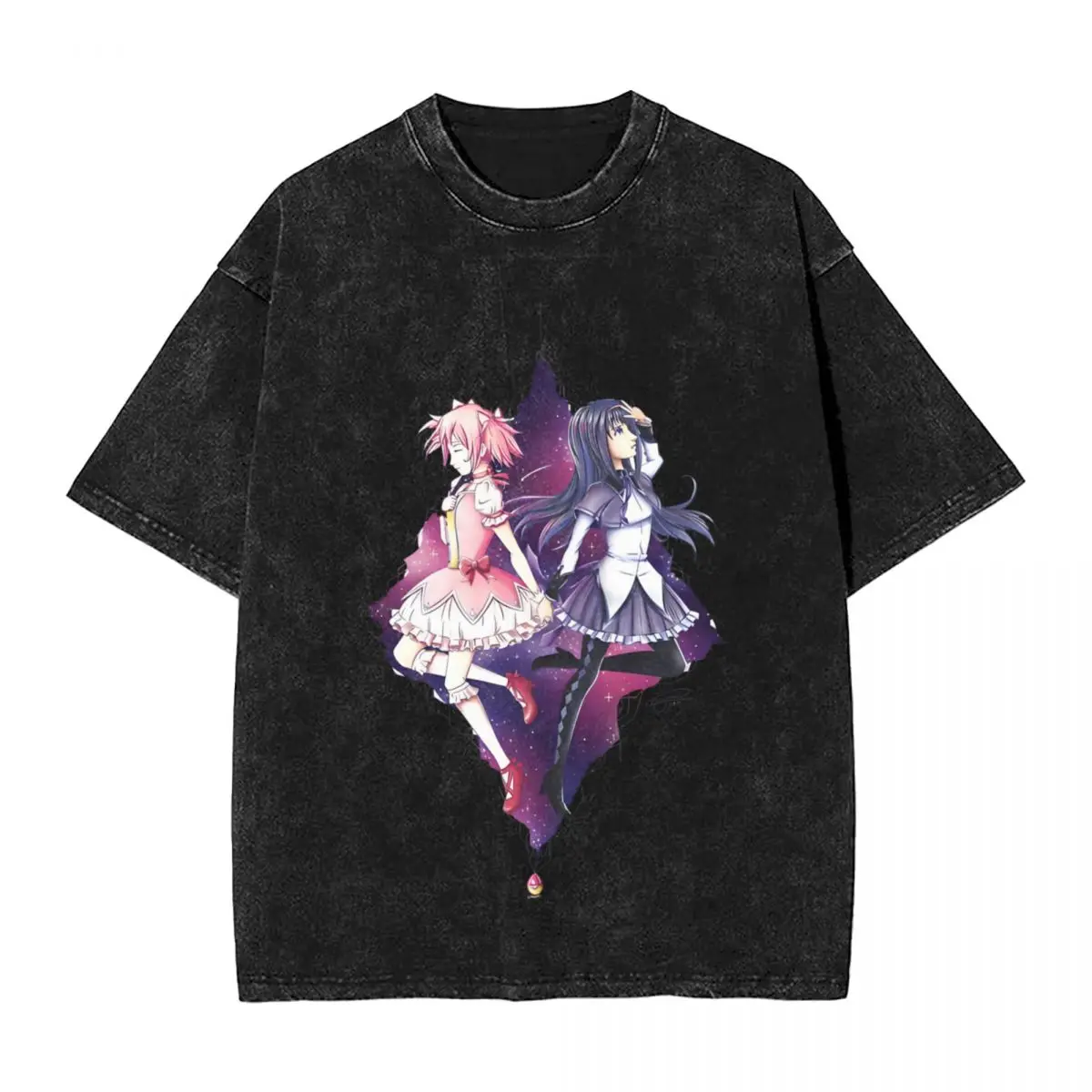 Washed T Shirts Madoka And Homura Puella Magi Madoka Magica T-Shirt Streetwear Cotton Graphic Printed Tops Tees for Men Women