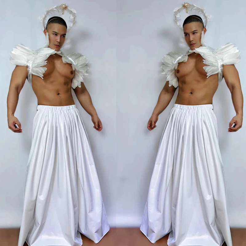 Fashion Men Sexy Pole Dance Gogo Costume White Wings Long Skirt Nightclub Ds Dj Rave Outfit Man Stage Performance Wear XS7629