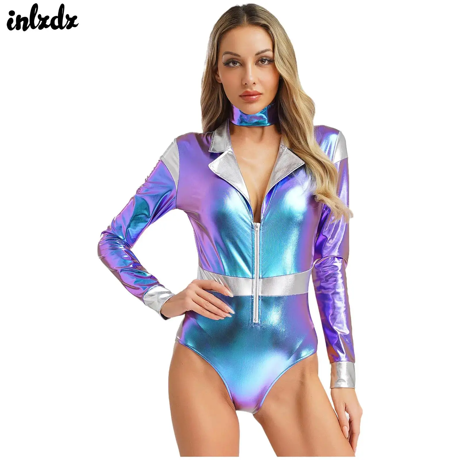 

Womens Outer Space Astronaut Bodysuit Roleplay Alien Robot Bodycon Leotard Hallloween Costume Long Sleeve Jumpsuit with Choker