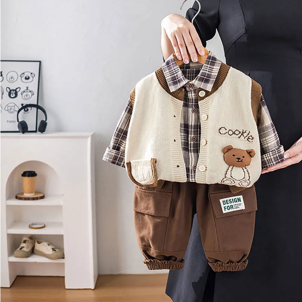 Spring fall New born baby Boys' Clothes Outfits Sets Knitted Tank Top+Checkered Shirt+Pants Suits for baby Boys' Clothing Sets