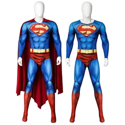 Komische Superheld Clark Cosplay Kent Kostuum Brandon Routh Koninkrijk Komen Jumpsuit Koffers Cape Halloween Party Outfit Voor Mannen
