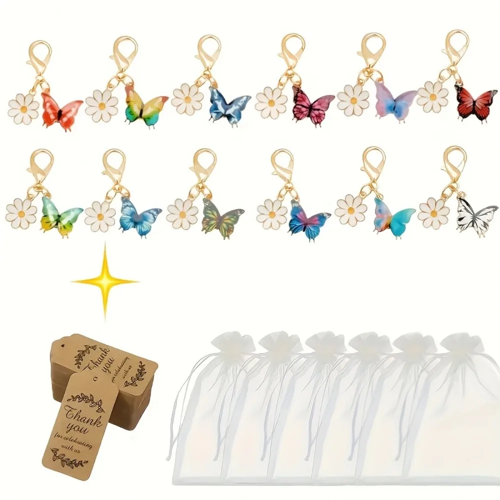 10/20/30Sets Butterfly Daisy Enamel Keychain Gift Set Thank You Tags Wedding Bridal Shower Birthday Party Guest Favor Souvenir