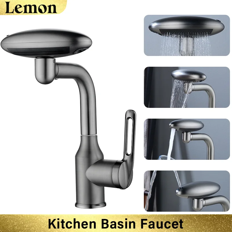 

Kitchen stainless steel basin faucet, unique flying saucer design, four-speed water flow mode, water plating gun gray process