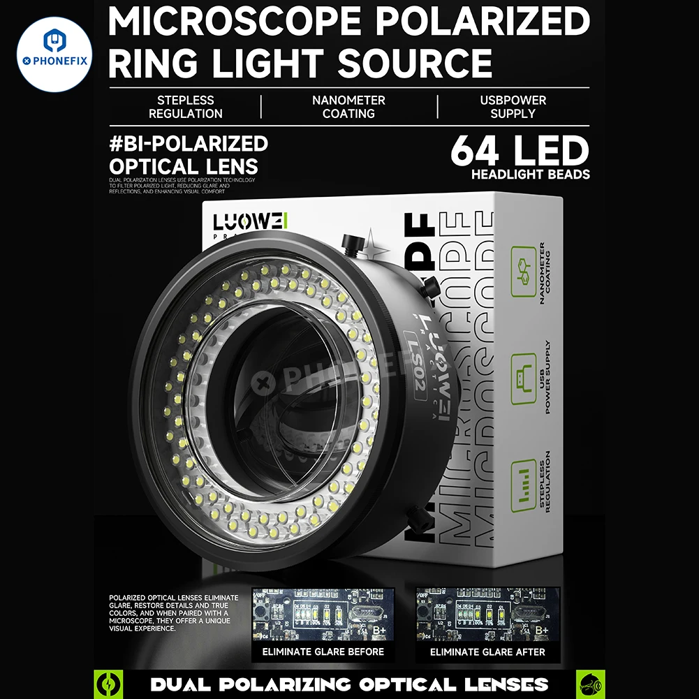 LW-LS02 anel de luz de microscópio lâmpada de anel polarizado com lente óptica polarizada dupla elimina reflexos para microscópio estéreo