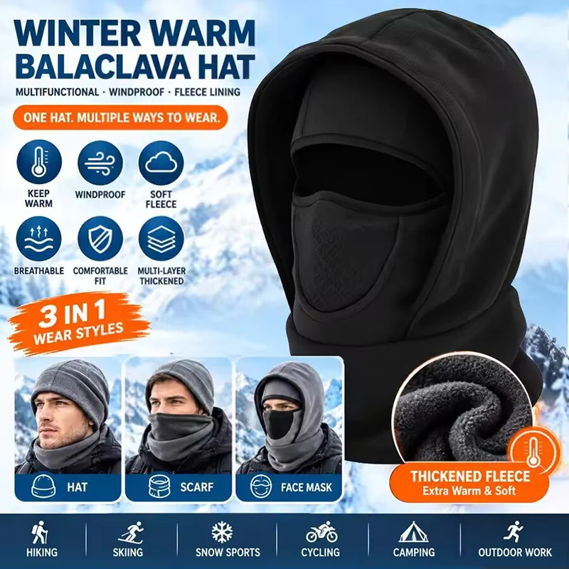 Waterproof Polar Fleece Balaclava Hat Thermal Cycling Skiing Hooded Neck Warmer for Cold Weather Face Neck Warmer Beanie Scarf