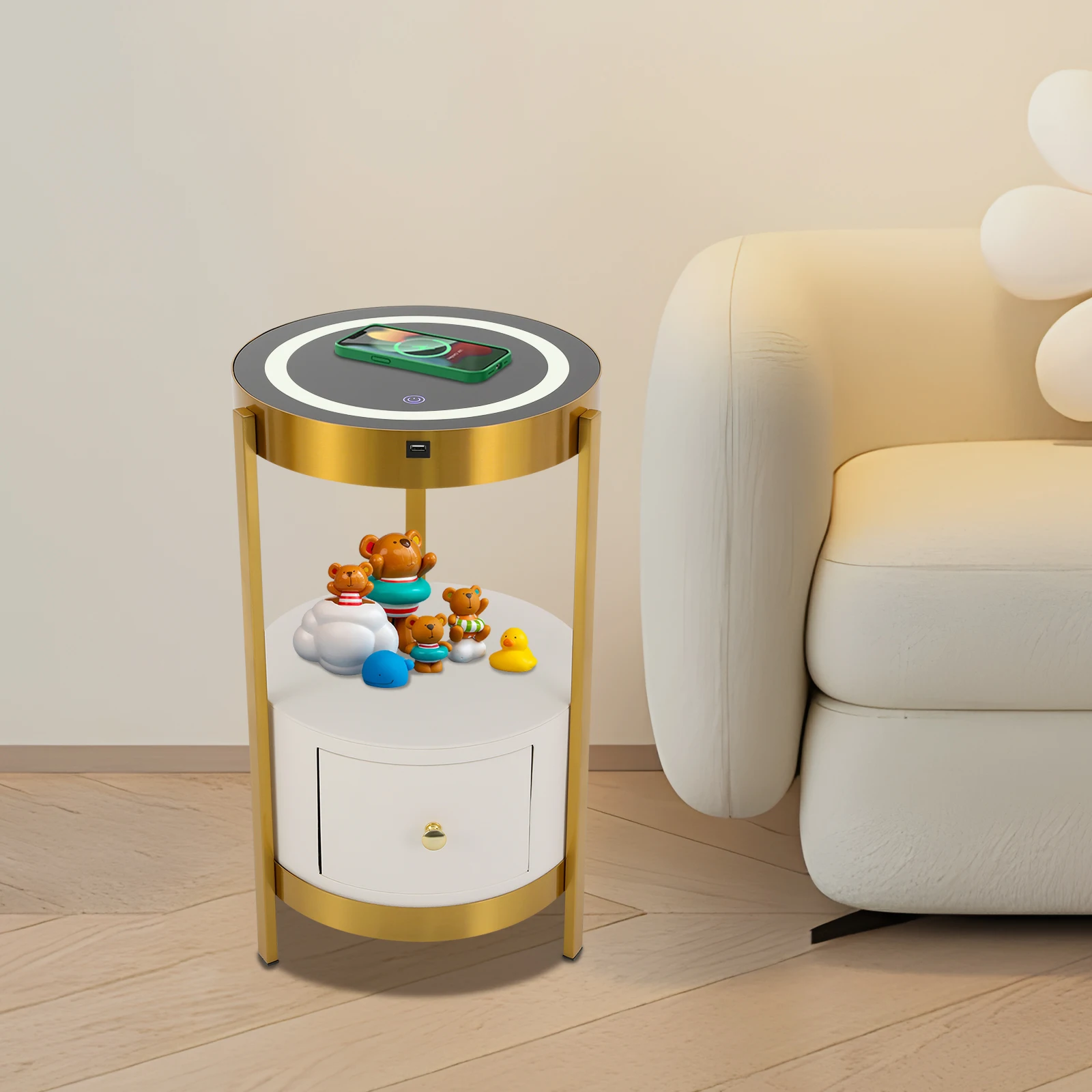 Smart LED Nightstand with Drawer Bedside Table Round Nightstand with USB & Wireless Charger Side Table Bedroom Furniture