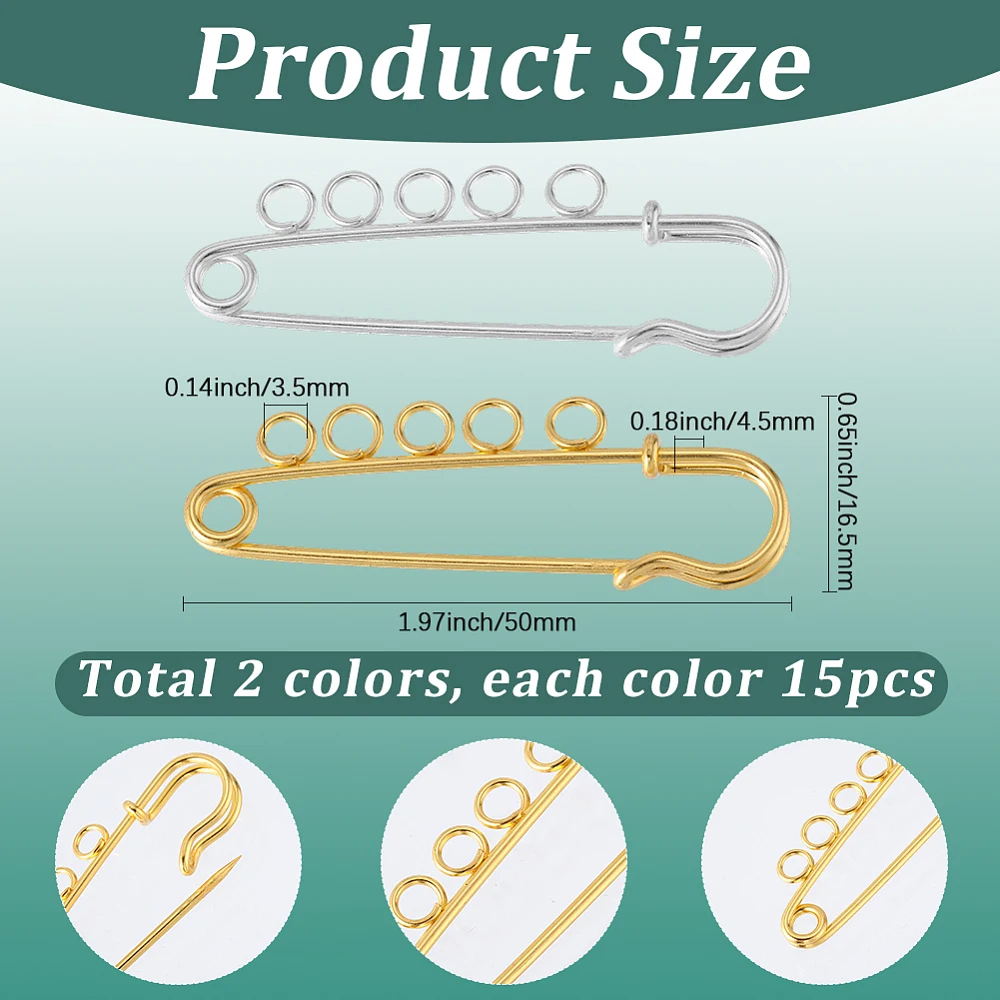 1 Box 30pcs 2 Colors 50mm Kilt Safety Pins Kilt Brooch Pin Bulk Gold Silver Iron Brooches Arts Safety Heavy Duty Clasp Pack