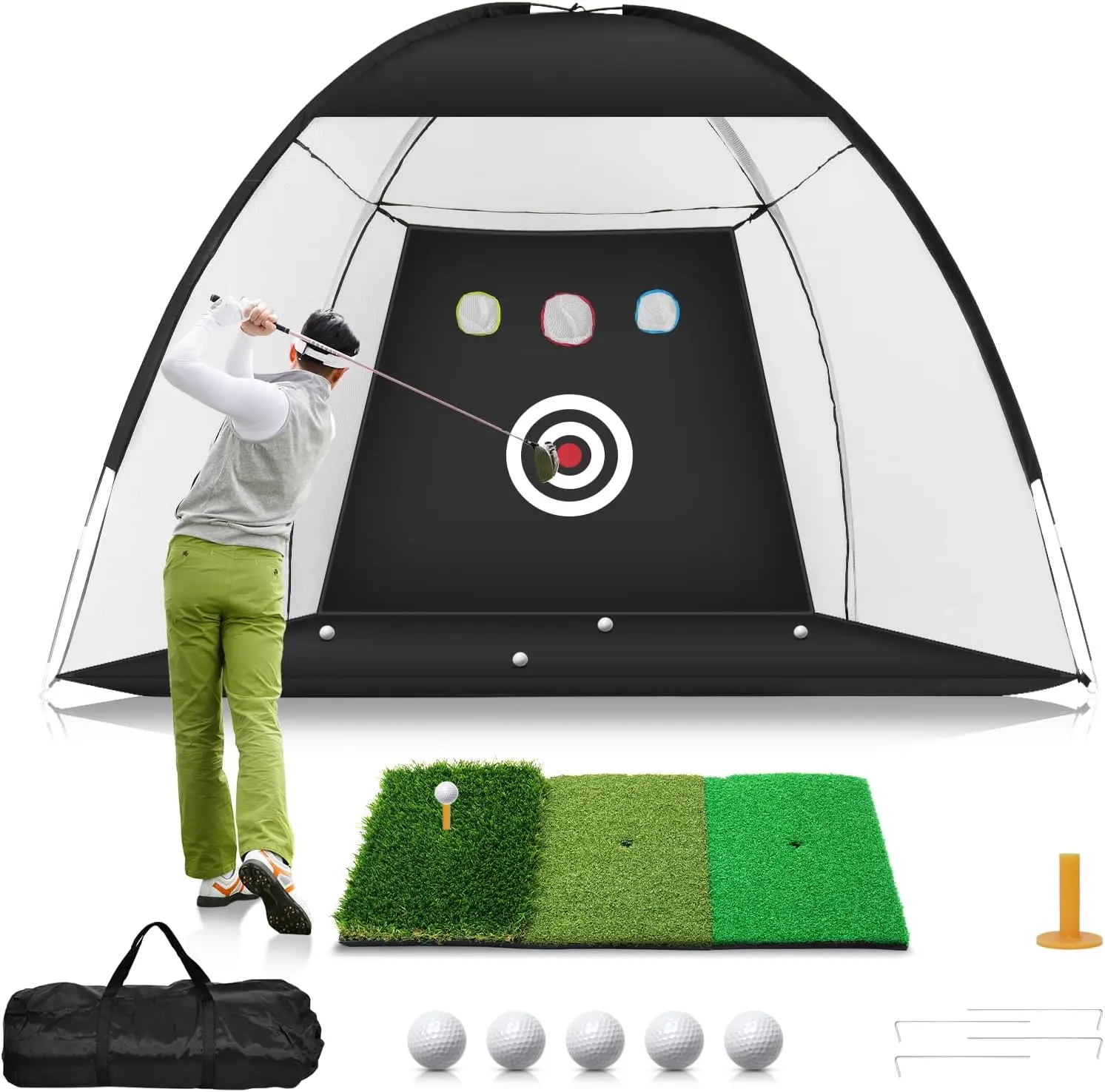 Golf Net, 10x7ft Practice Net with Tri-Turf Mat, All in 1 Home Hitting Aid Nets for Backyard Driving Chipping