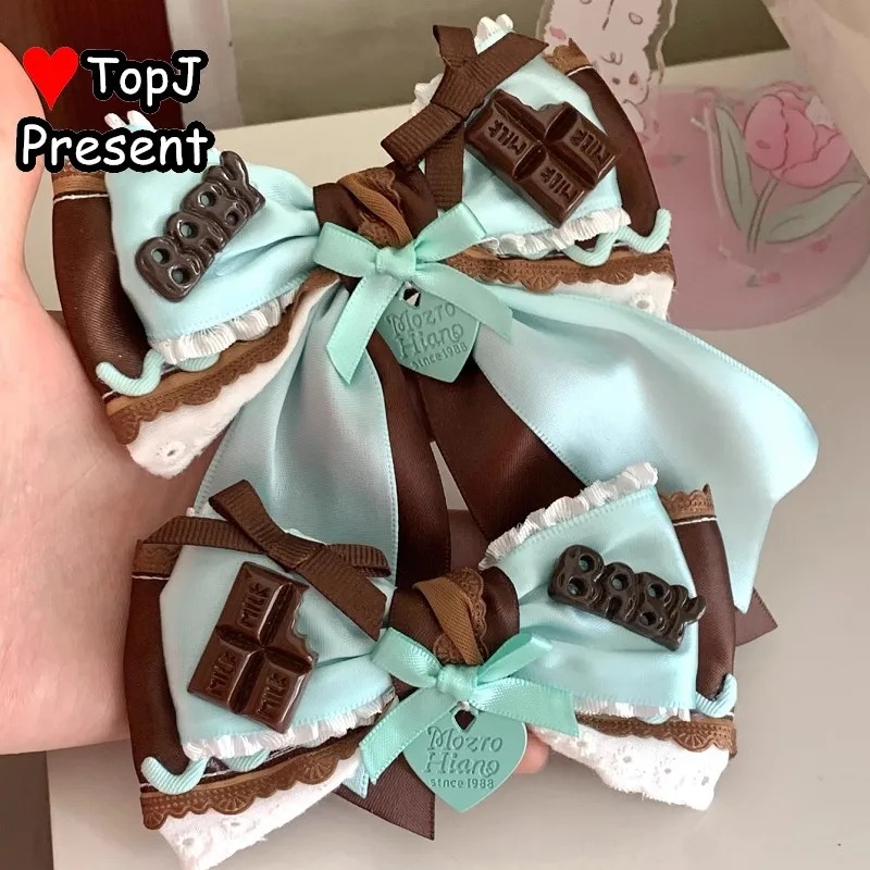 "نكهة النعناع الشوكولاته كوكي" القوطية Harajuku Y2K فتاة جميلة لوليتا الحلو القوس الشريط الدانتيل دبوس الشعر حافة المشبك مشبك شعر