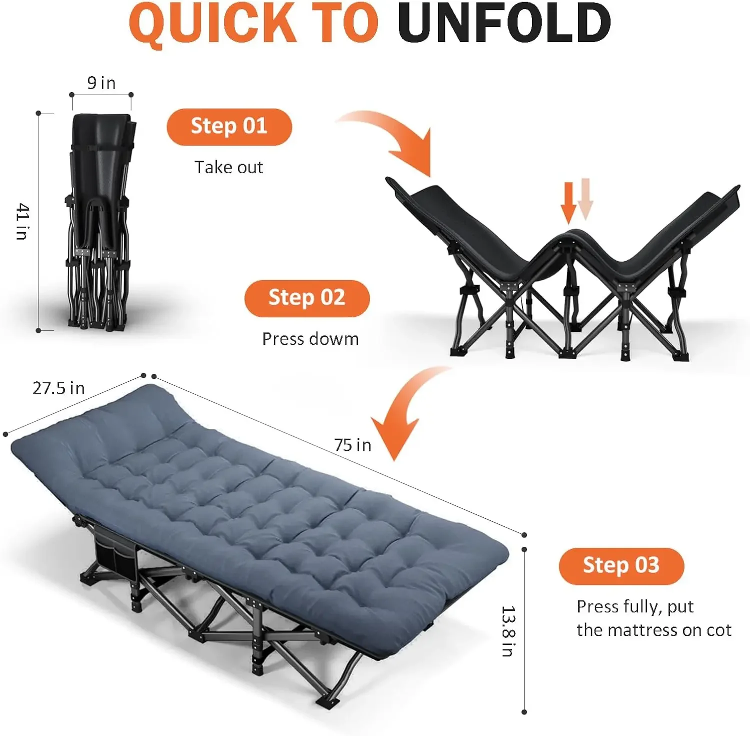 Camping Cot for Adults with Cushion Comfortable, Portable Folding Bed for Sleeping Supports 450 lbs (Blue)