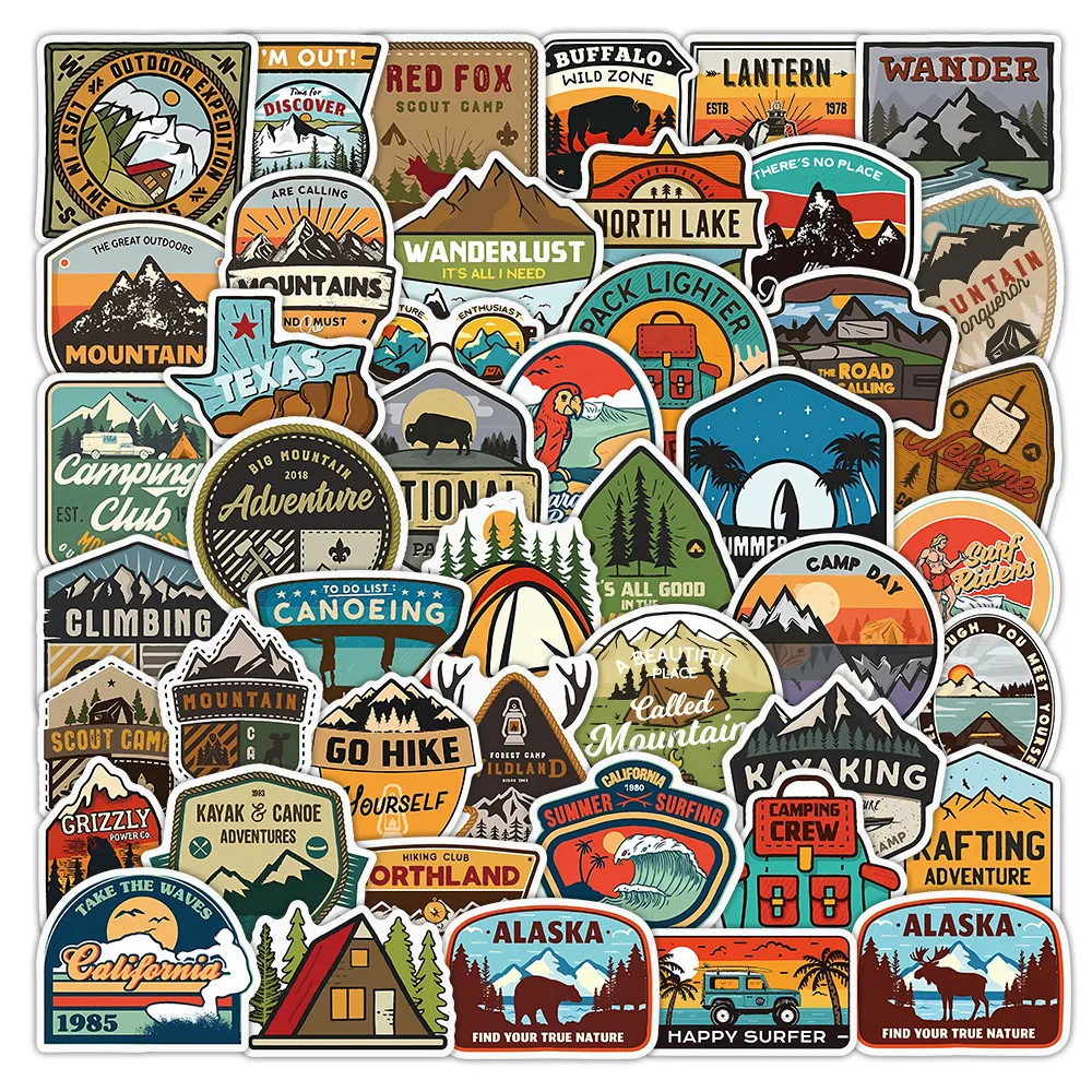 50 Sheets Vintage Outdoor Adventure Stickers, Retro Camping Hiking Decals for Luggage Laptop Skateboard Giajar Sticker Store