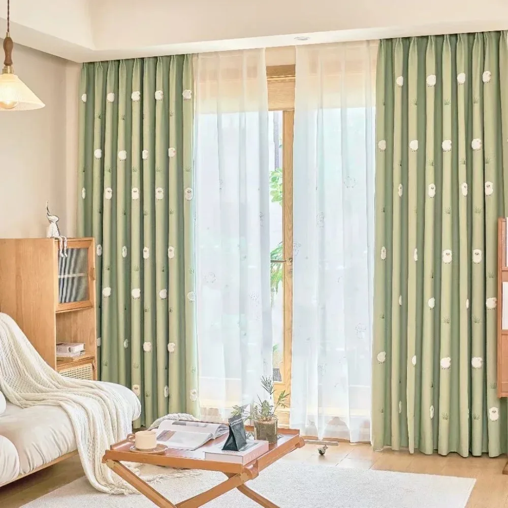 

Green Cartoon Blackout Curtains 3D Embroidered Sheep Children Boys Girl for Living Room Bedroom White Voile Curtains