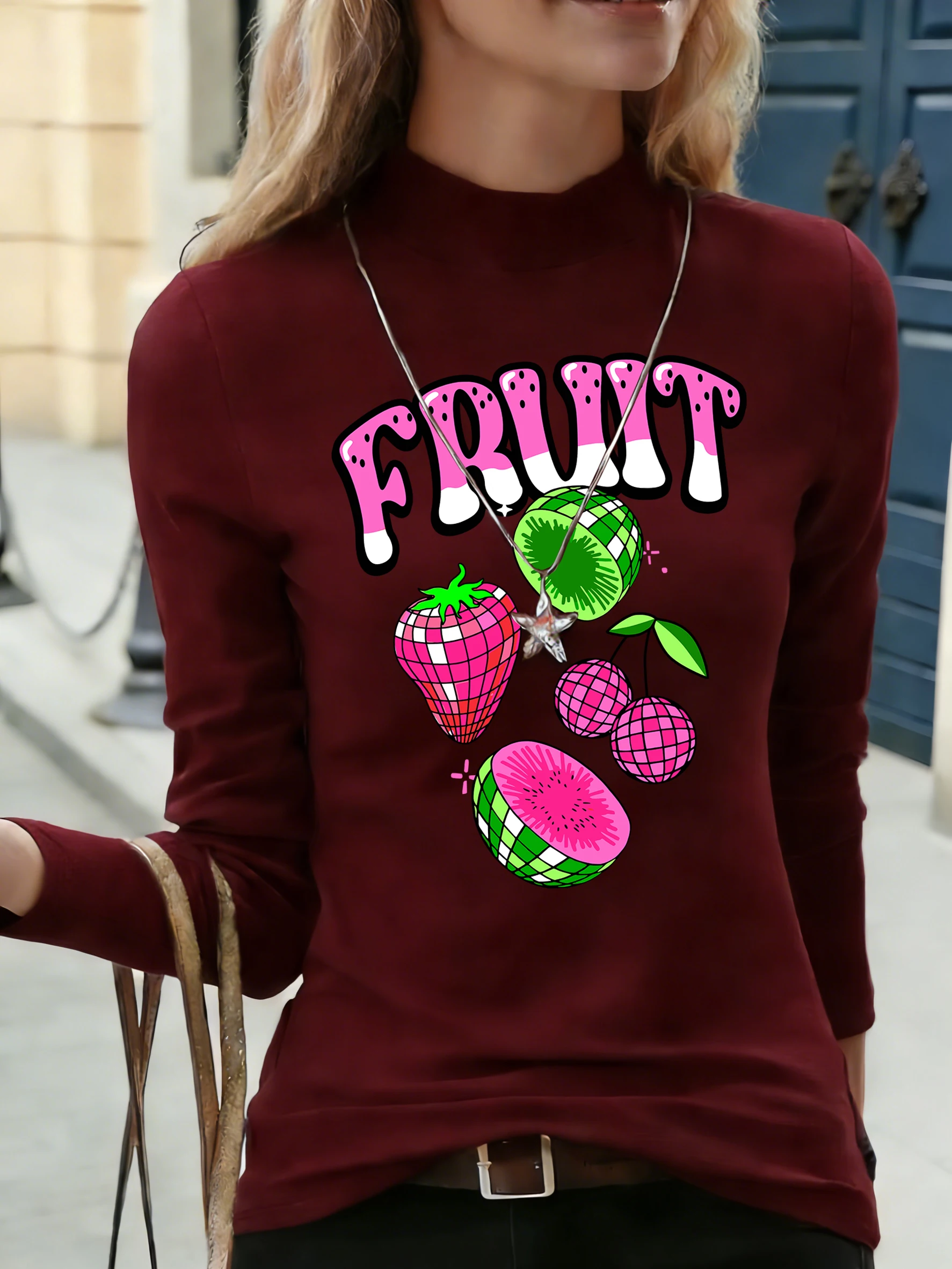 

Женская блузка с воротником-стойкой и длинным рукавом, с принтом фруктов (клубника/киви/вишня), милая, повседневная, мягкая, в стиле K-Fashion, базовая футболка