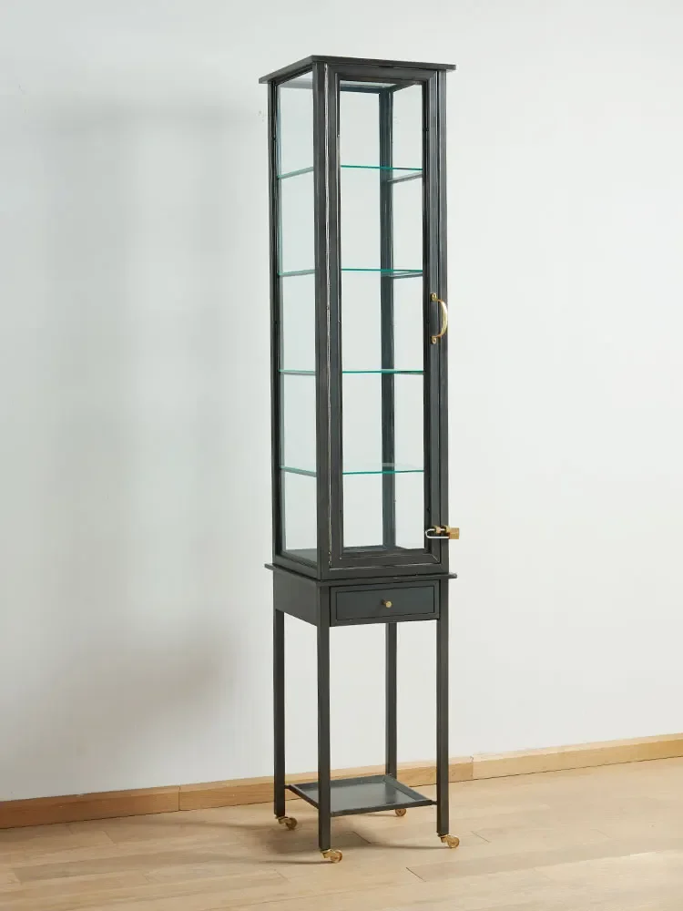 Industrial wind LOFT wrought iron glass display cabinet Metal cabinet Transparent figure model cabinet Universal wheel