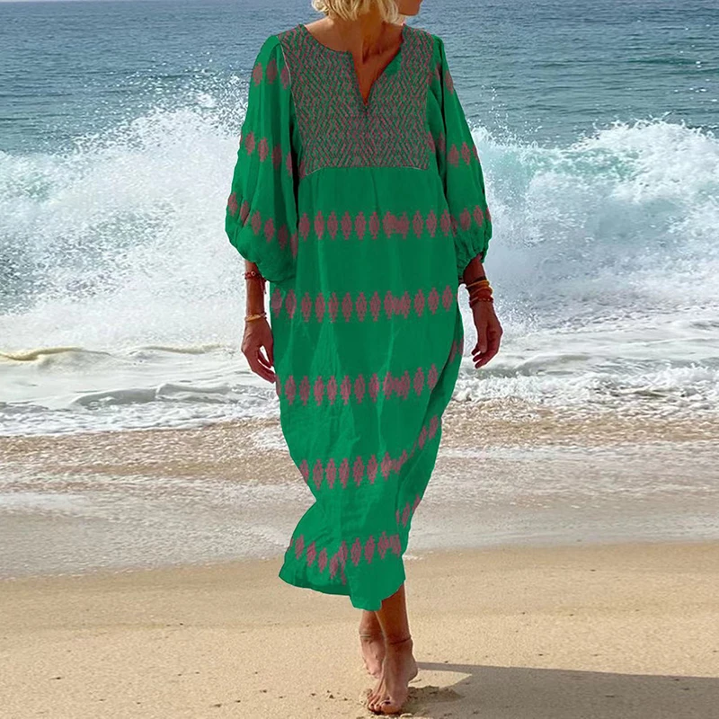 

Женское длинное платье с геометрическим принтом, этническое ретро платье-трапеция с рукавами-фонариками 3/4, летнее свободное пляжное платье Бохо С V-образным вырезом