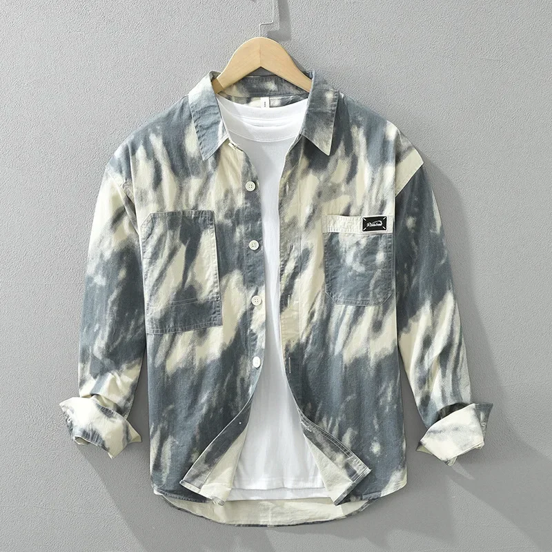 

Japanese Fashion Tie-dye Printed Shirts Men Streetwear Loose Shirts Cotton Top Double Pocket Long Sleeve Shirt Vintage Clothes