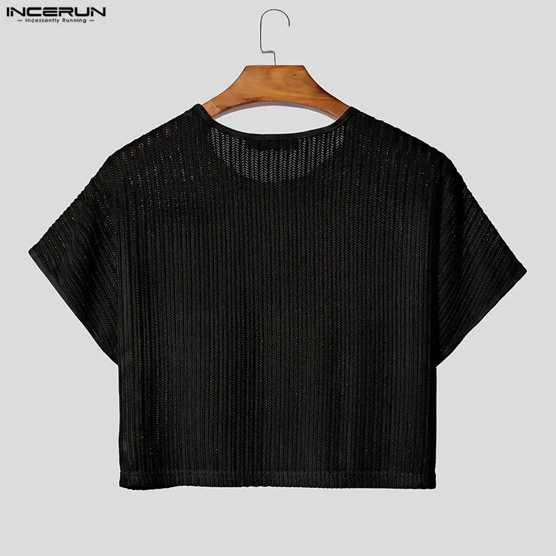 INCERUN Men's T Shirt Solid Color Knitted O-neck Short Sleeve Male Crop Tops Summer Streetwear See Through Fashion Men Clothes