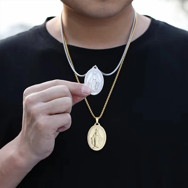 ASONSTEEL Fashion Virgin Mary Jesus Oval Long Chains Pendant Necklace For Woman/Man Stainless Steel Religious Christian Jewelry