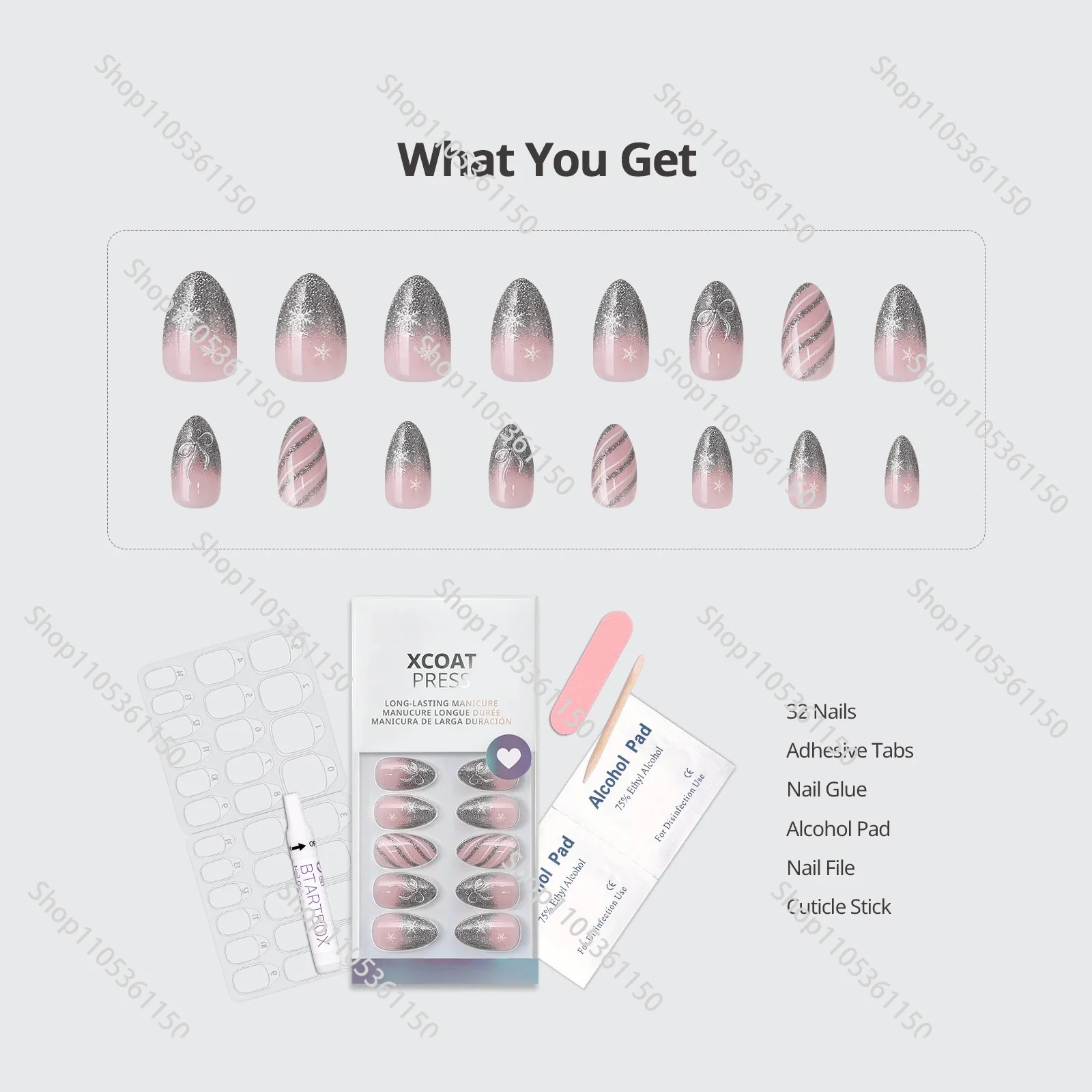 Ladies' Favorite：Christmas Snowflake Silver Artificial Press on Nails Wholesale Almond Soft Gel False Fake Stick