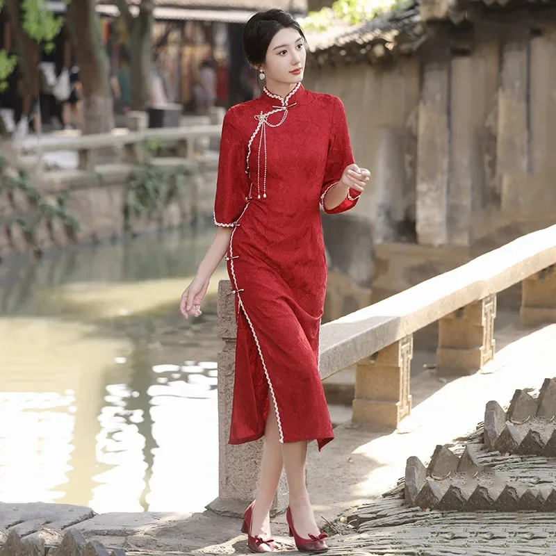 Black Velvet Chinese Style Long Cheongsam New Style Young Women Retro Slim Mid Sleeves Daily Spring Autumn Dress Qipao