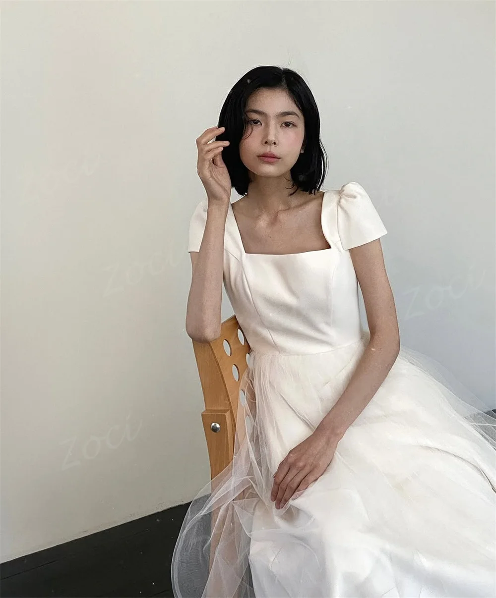 Zoci ชุดแต่งงานเกาหลีคอเหลี่ยมแขนสั้นชุดเจ้าสาว A-Line ชุดเจ้าสาวยาวชั้นที่กําหนดเองชุดราตรี