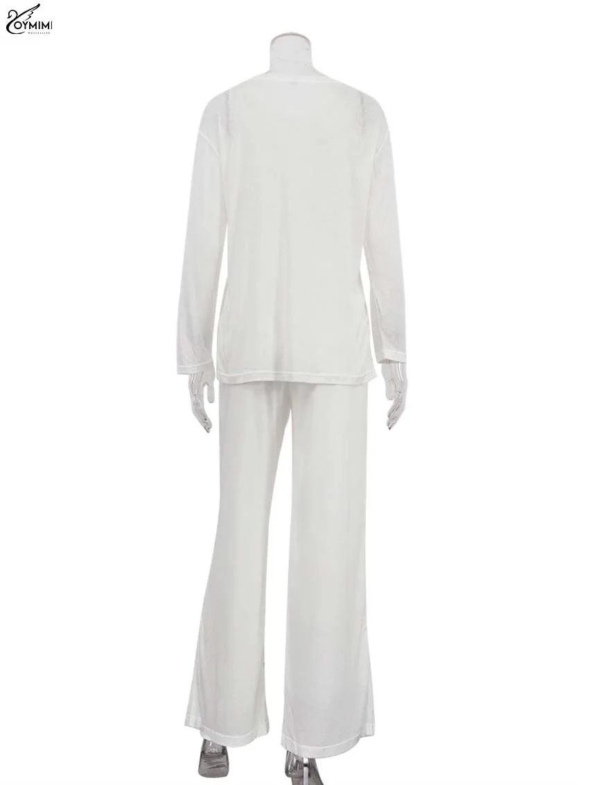 Oymimi casual branco solto duas peças outfits mulher elegante o-pescoço manga longa blusas simples e calças retas de comprimento total conjuntos