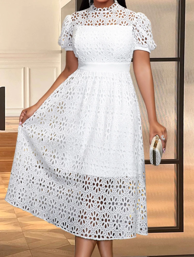 

Dress Women White Long Dresses A Line Hollow Out Party Elegant Splice Prom Mock Neck Puff Sleeve Beach Summer Elegant Vestidos