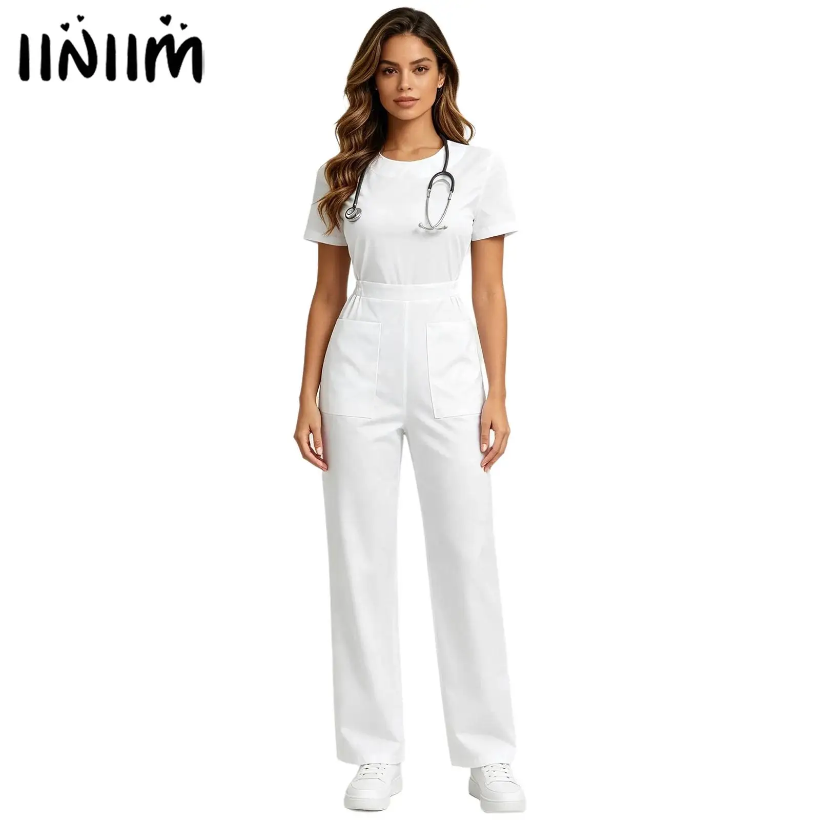 Women Solid Color Nurse Scrub Overalls Jumpsuit Nursing Rompers Short Sleeve Round Neck Medical Workwear Overalls With Pockets