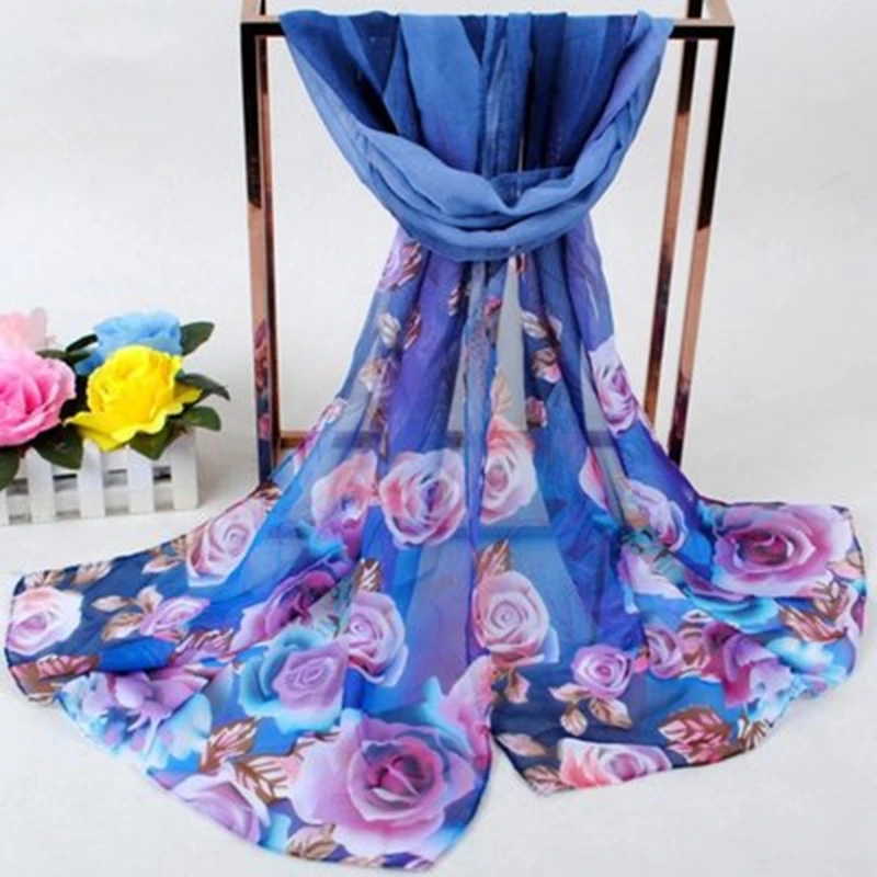 Fashion Summer Silk Scarf New Product Retro Peacock Feather Rose Chiffon Long Versatile High End Small Popular Lady Wedding Gift