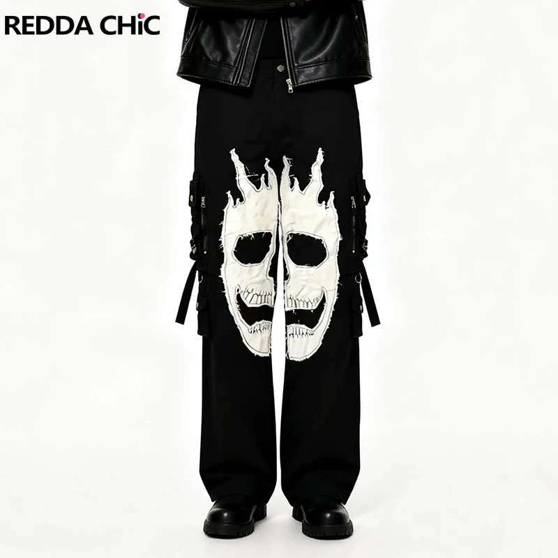 

REDDACHIC Evil Patchwork Baggy Cargo Jeans Man Plus Size Raw Edge Zipper Decor Pockets Loose Wide Leg Pants Hip Hop Streetwear