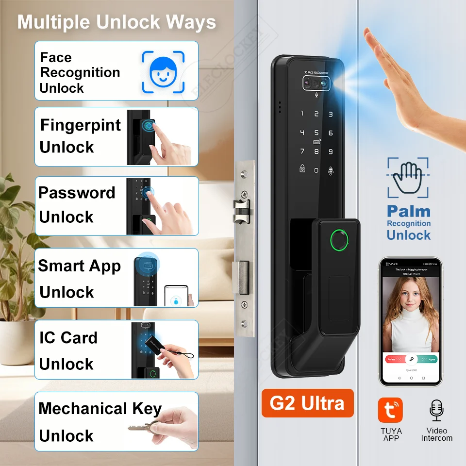 Automatic Tuya Smart Door Lock 5050 4585 6068 6085 Israeli Mortise Fingerprint 3D Face Recognition Digital Smart Camera Lock