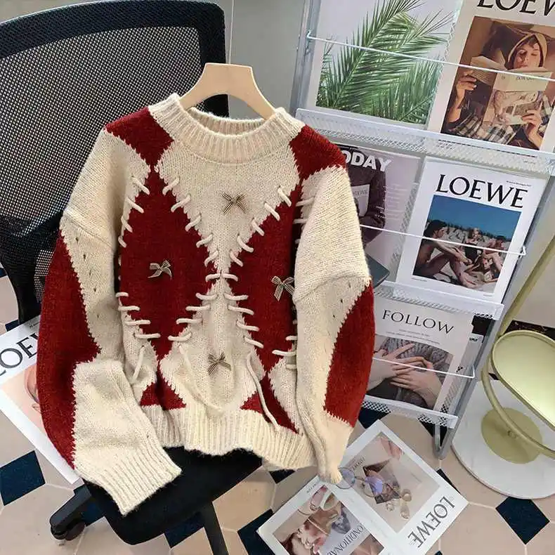 

Retro Diamond Plaid Design Top 2024 Autumn Winter New Lazy Style Simple Loose Knitted Pullover Patchwork Sweater