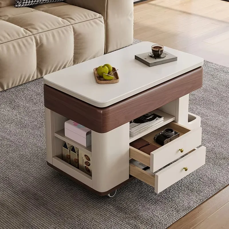 

Removable Tea Table Small-Sized Apartment Living Room Home Sintered Stone and Wood Cart New Lift Storage Rectangular Side Table