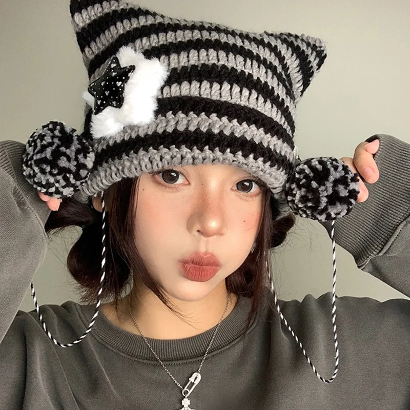 2023 New Handmade Beanies Hat Cute Five-star Cat Ear Striped Devil Winter Warm Pullover Knitted Cap Pompom Bonnets for Women