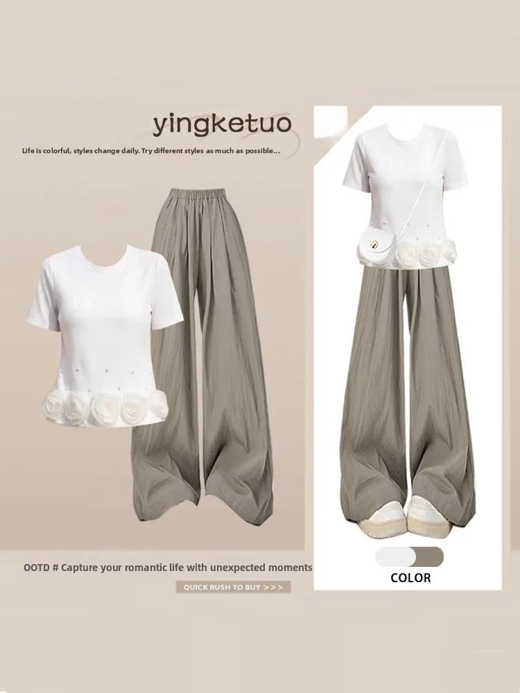 

Summer Rose Flower Design Short Sleeve T-Shirt Wide Leg Pants Set Women's Fashion Slimming Small Size Trendy Outfit