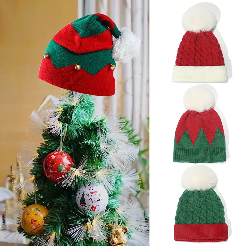 Unisex Christmas Elf Knitted Hat Red‑Green Stripe Beanie with Bells & White Pom Pom Winter Warm Xmas Holiday Party Cosplay