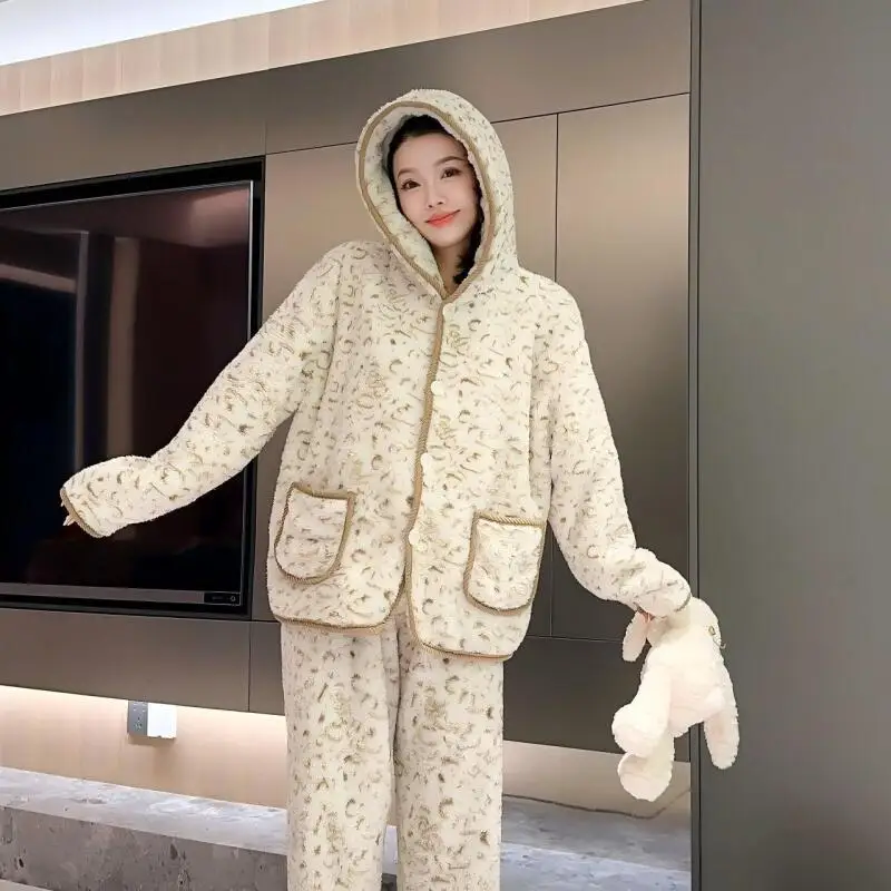 

Женский утепленный пижамный комплект, ночная рубашка, домашняя одежда, пижама для девочек, теплая пуговица с капюшоном, одежда для сна больших размеров, верхняя одежда, осень-зима
