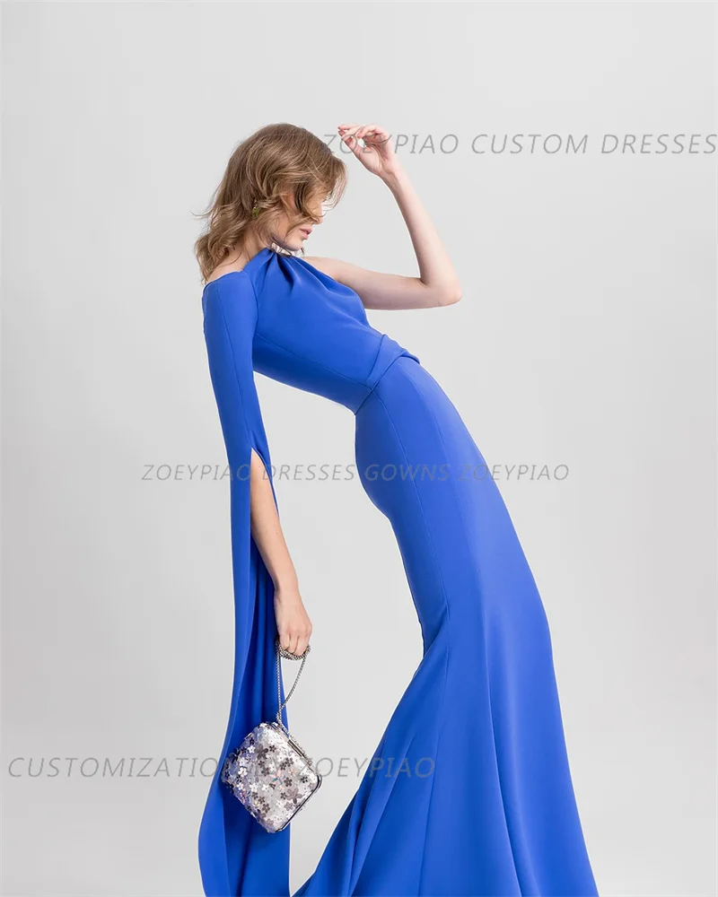 Blue Satin Beach Evening Dresses Pleated One Sleeves One Shoulder Long Formal Birthday Party Gowns Arabic Prom Dress 2024